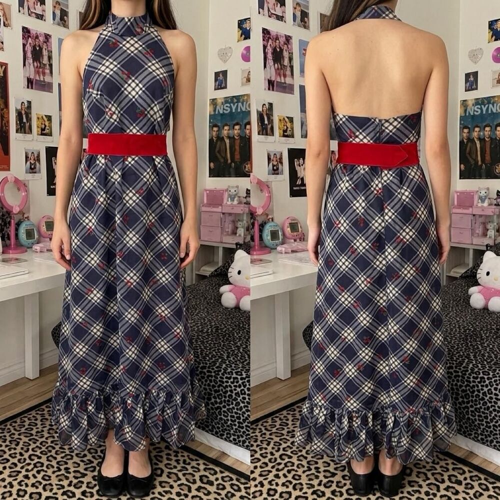 Vintage 70s Cherry Plaid Halter Ruffle Maxi Dress Retro Cottagecore
